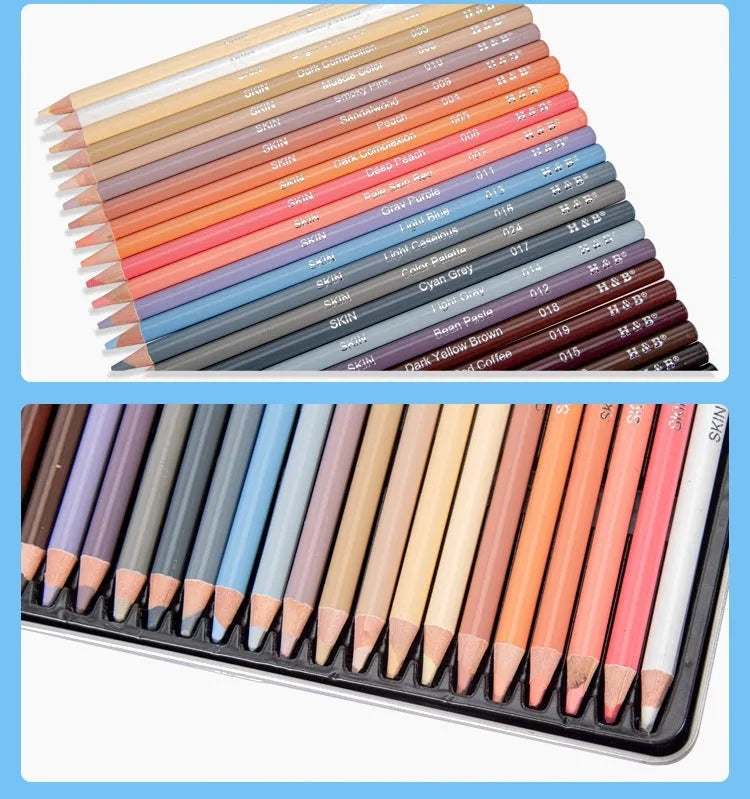 24 skin tone colour pencils for portrait artwork in round brush pot with iron box