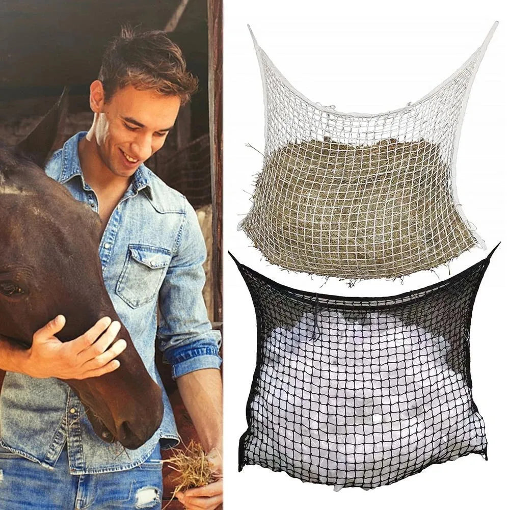 Woven grid horse feeding bag made from PE rope in black colour showing hanging design