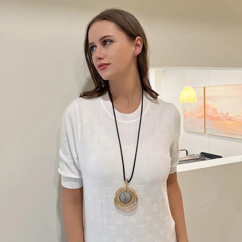 Gold geometric alloy pendant necklace with snakeskin wax rope chain adjustable from 51 to 80cm