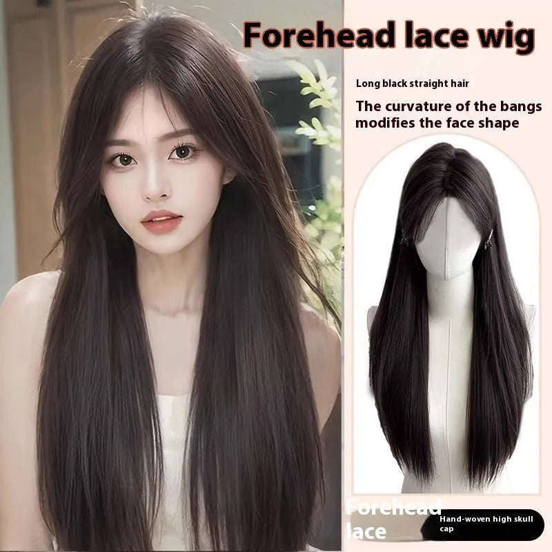 Forehead lace long straight synthetic wig in dark brown with side bangs styling