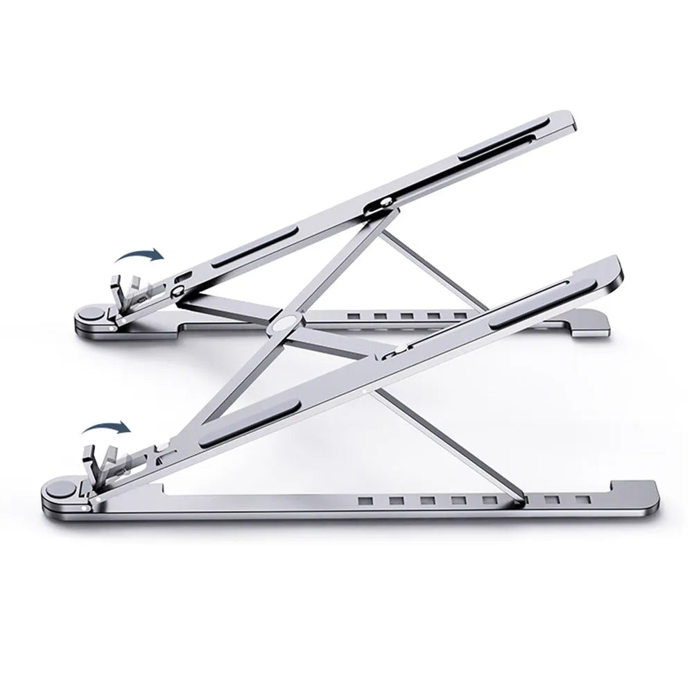 Aluminium laptop stand folded flat next to an open laptop showing adjustable height settings.