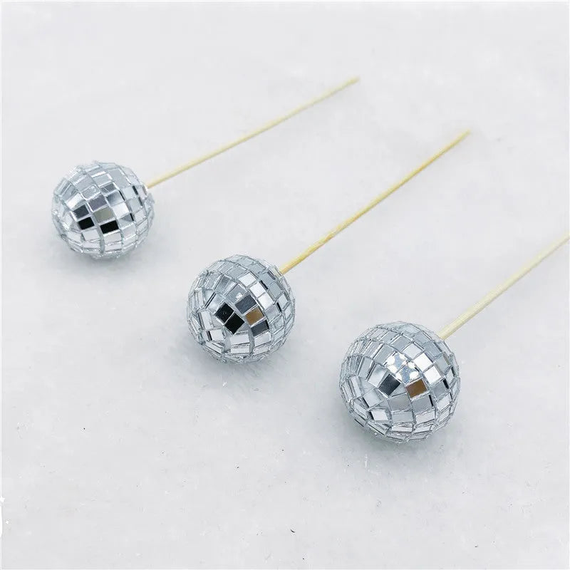 Glass disco ball cake decoration on wooden stick in various sizes from 2.5cm to 5cm diameter