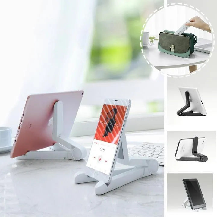 Black foldable tablet holder open in landscape mode holding a smartphone, showing its adjustable angle and non-slip base.