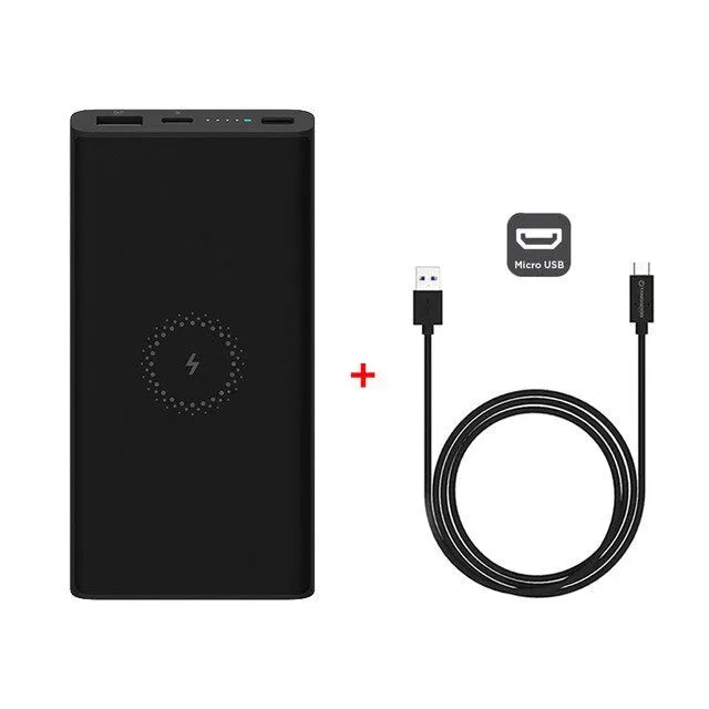 Black and white 10000mAh capacity power bank with wireless charging and USB ports