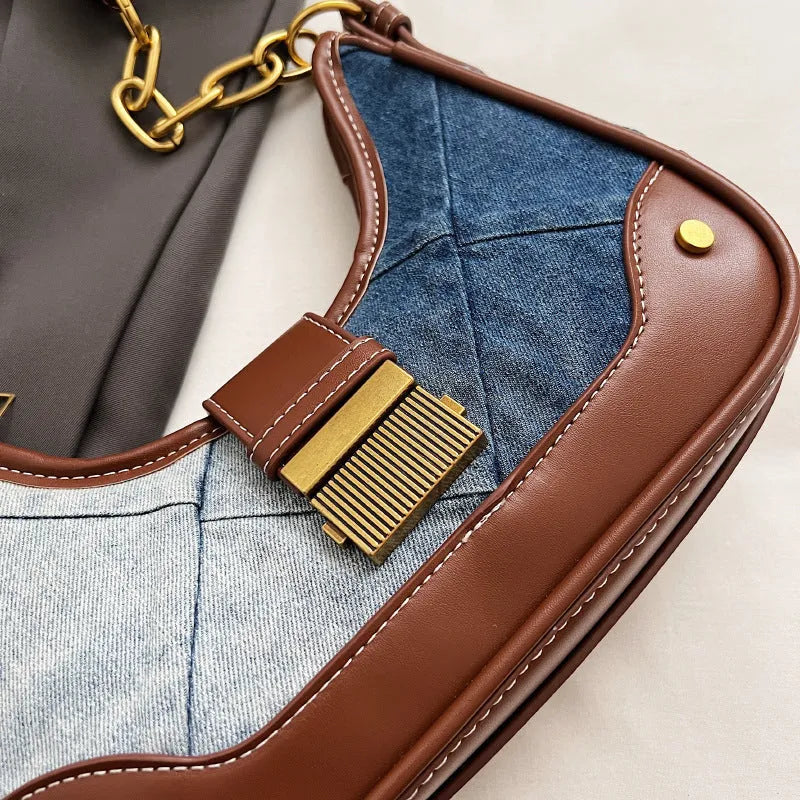 Brown denim women's shoulder bag with diamond chain, bucket design and street trend detailing