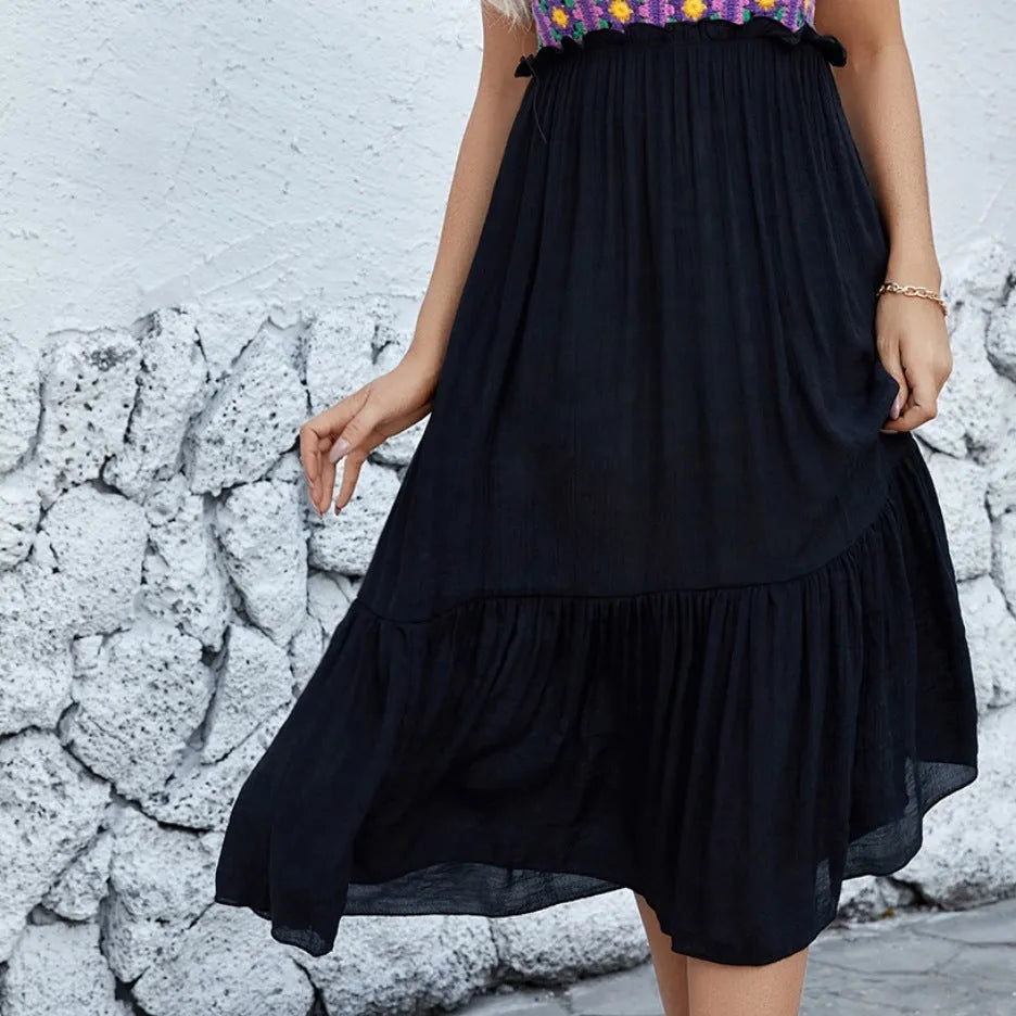 Purple floral pattern sleeveless dress with decorative flower stitching detail