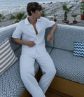 Printed polyester sweater jacket suit with 3D pattern, zipper front, and matching trousers in street hipster style.