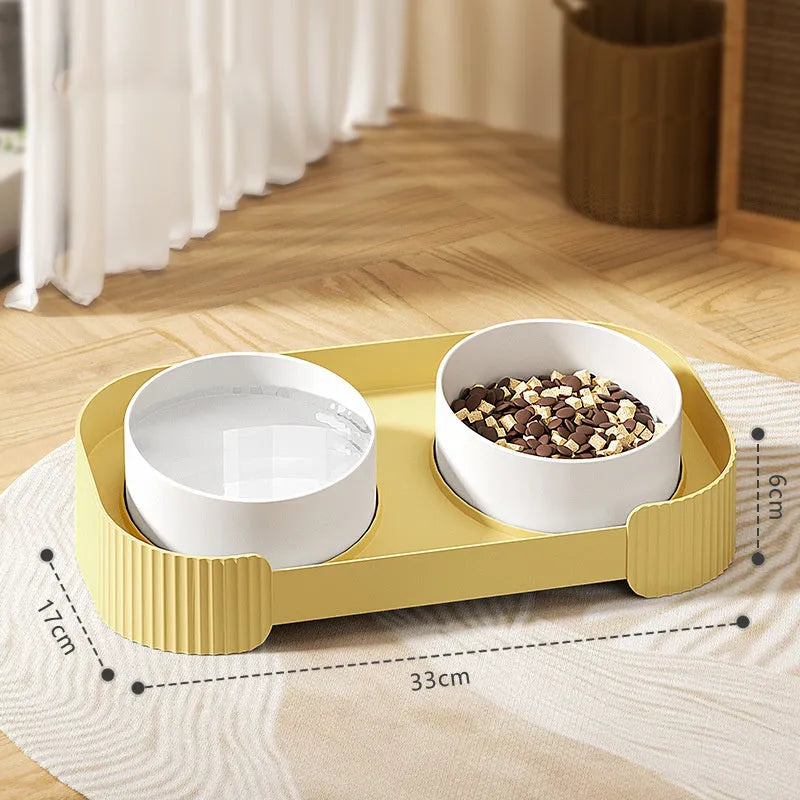 Ceramic elevated cat bowls set with green bowls on tilted stand