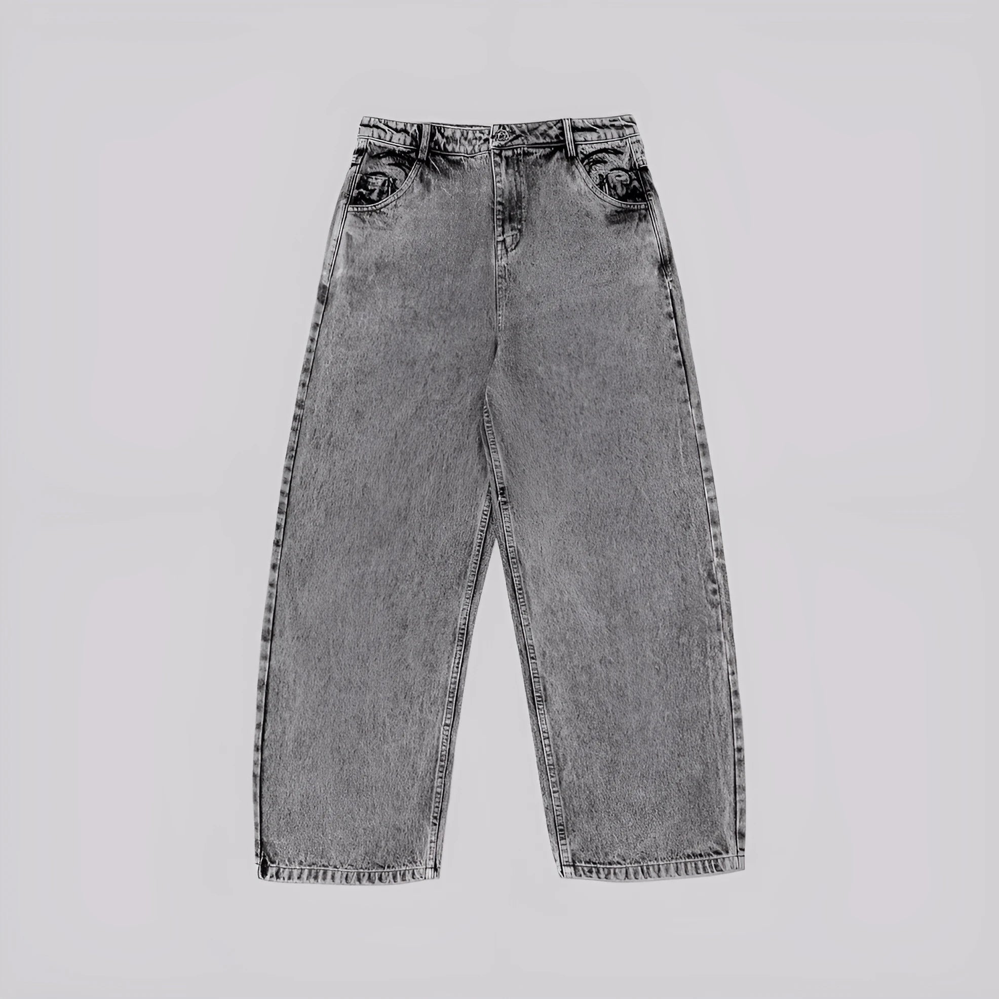 Grey loose straight-leg denim trousers for men and women on a neutral background
