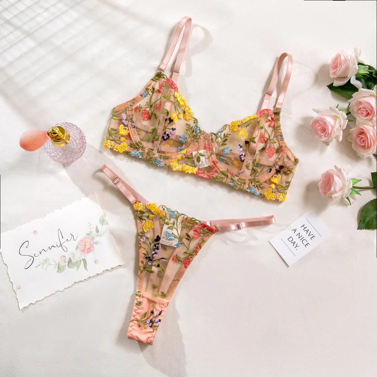 Floral single layer bra with steel ring T-back mesh lingerie set in multiple colours