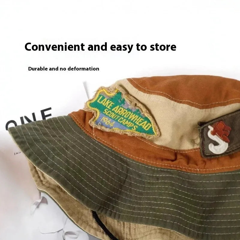 Army green women's cotton fisherman hat with retro patch design and flat top crown