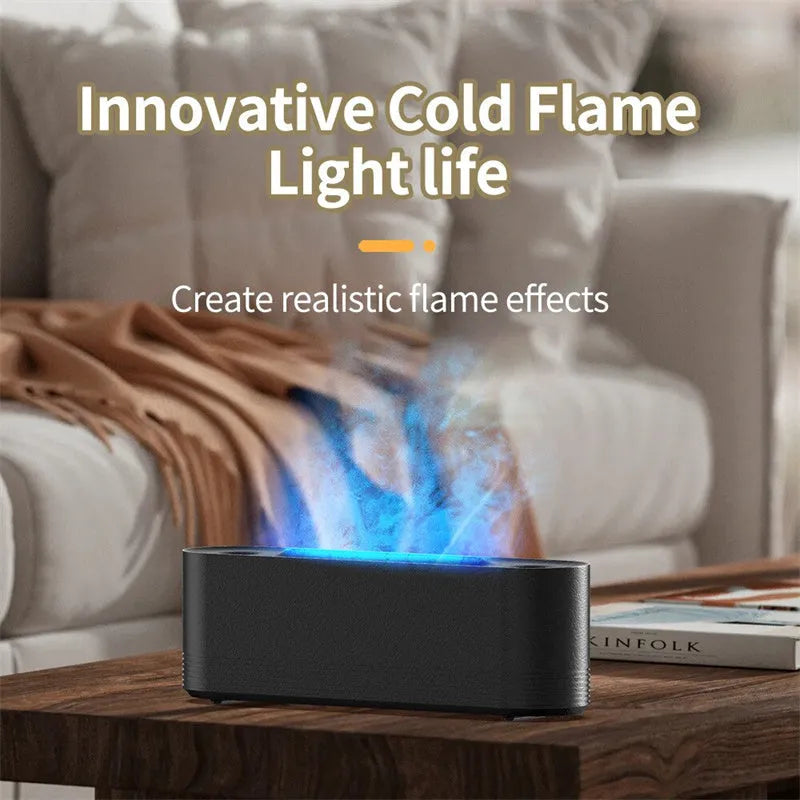 Black and white ultrasonic humidifier with flame LED lights and water mist output