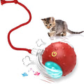 Red interactive cat toy with motion activated chirping and rolling action on carpet for kittens and cats