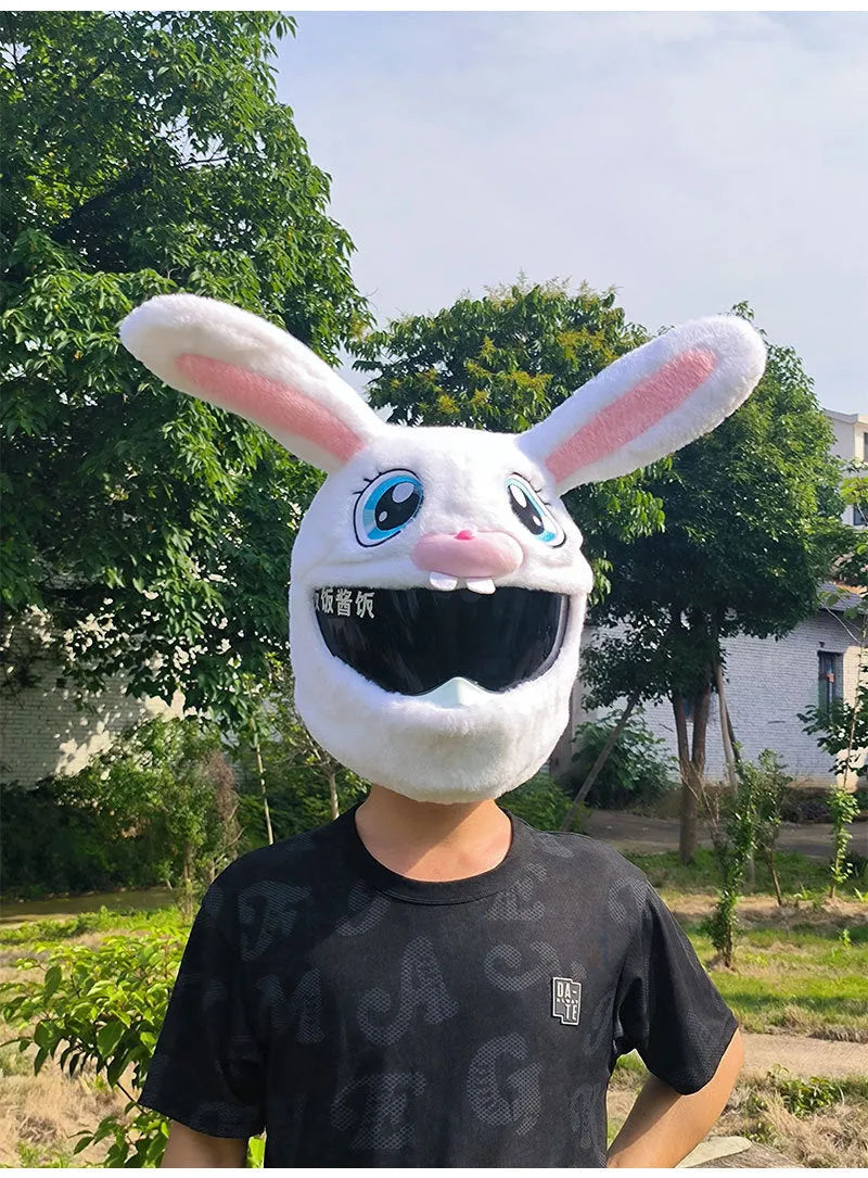 White rabbit head decorative cover with plush lining for electric motorcycle helmets
