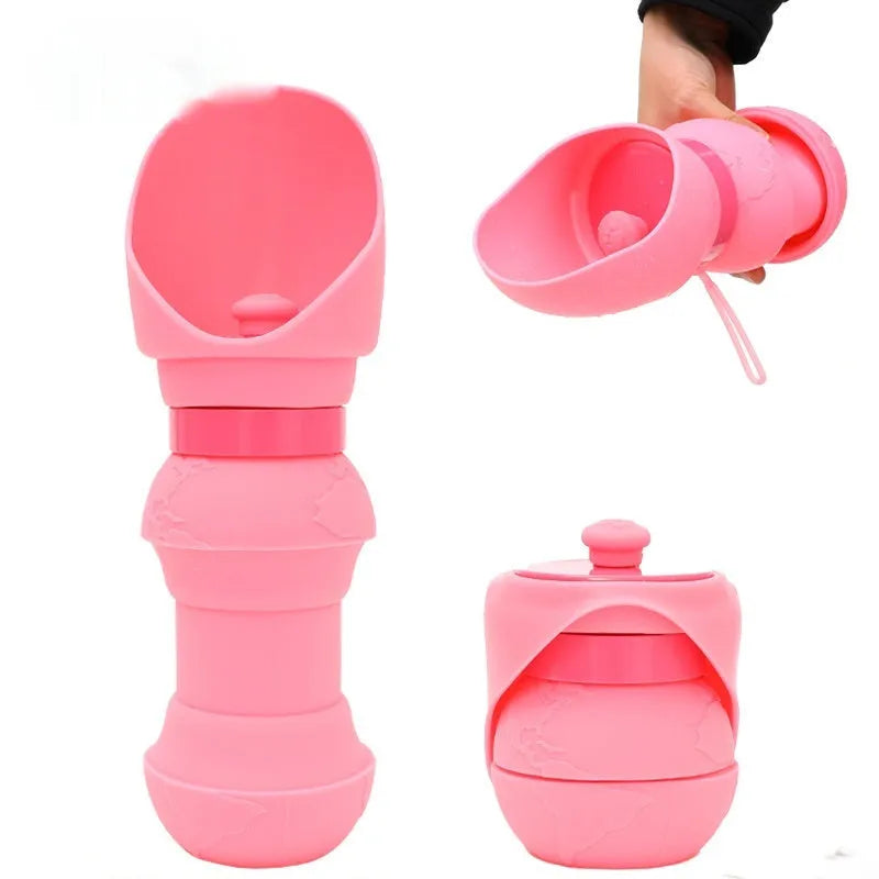 Green silicone folding pet water cup shown open and collapsed, with 350ml and 550ml size options.