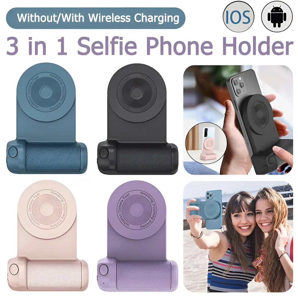 Black magnetic phone camera bracket with PU leather grip and adjustable tilt stand on a table