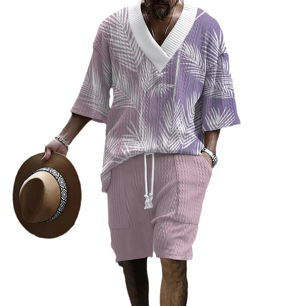 Men's printed drop-shoulder knitted short-sleeved top with matching shorts in a casual suit set.