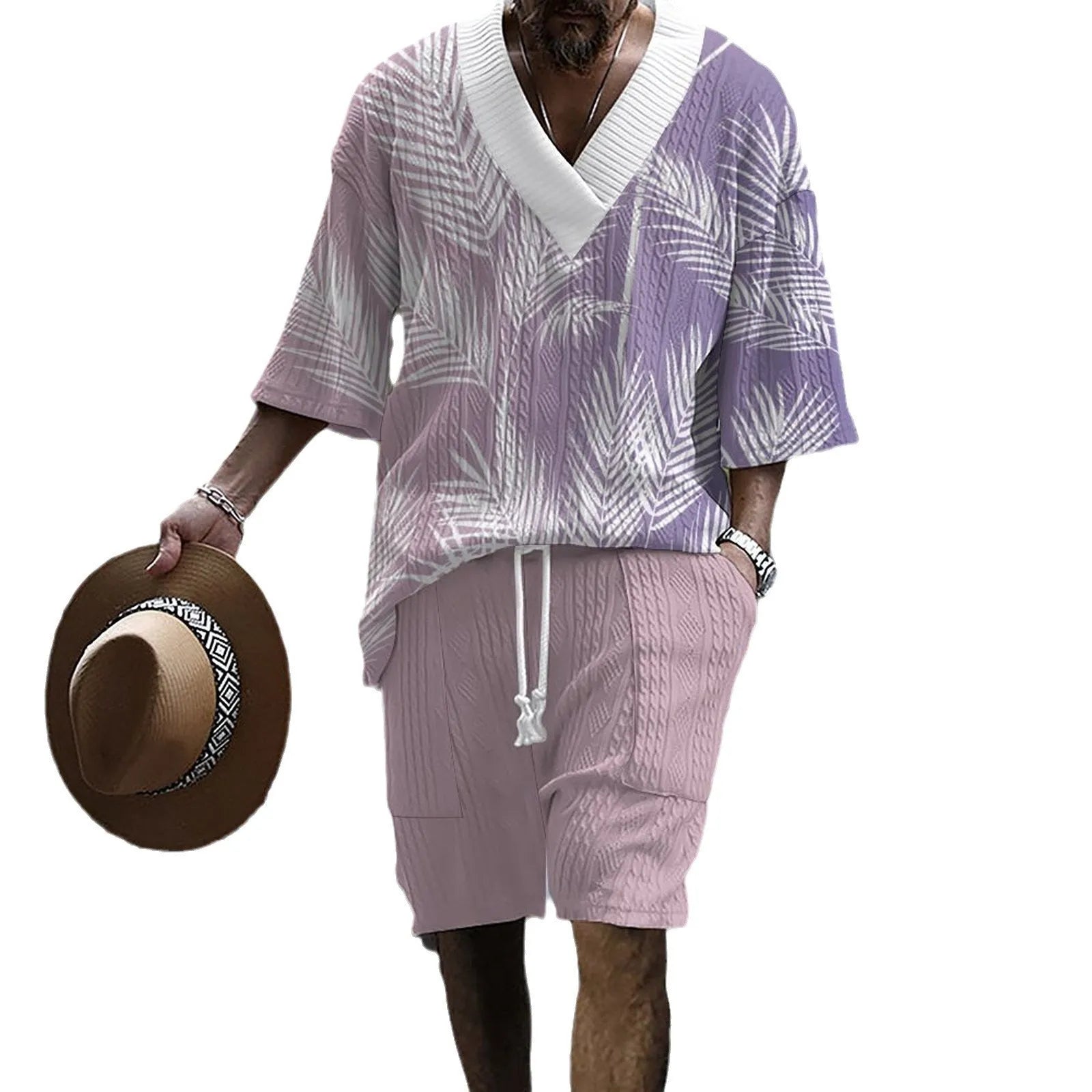 Men's printed drop-shoulder knitted short-sleeved top with matching shorts in a casual suit set.