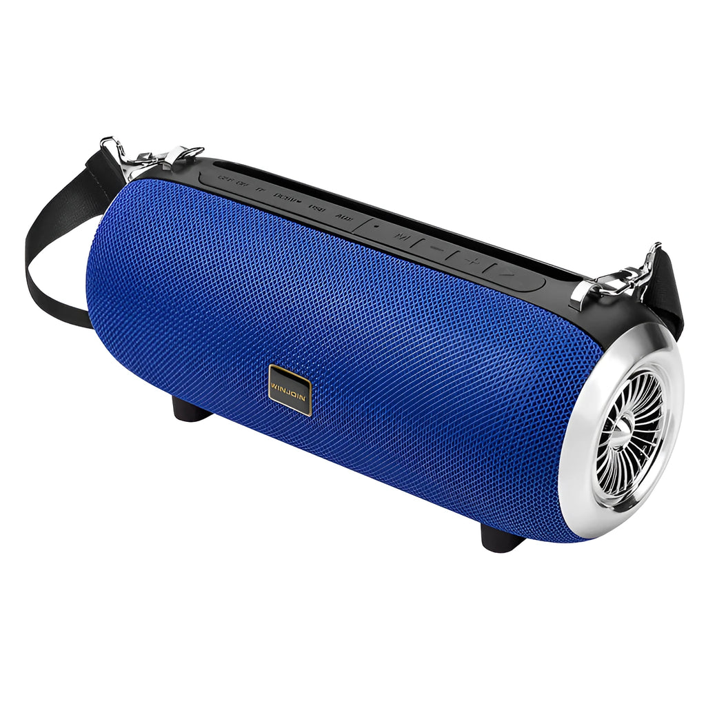 F666 square fabric portable Bluetooth speaker with shoulder strap on a table