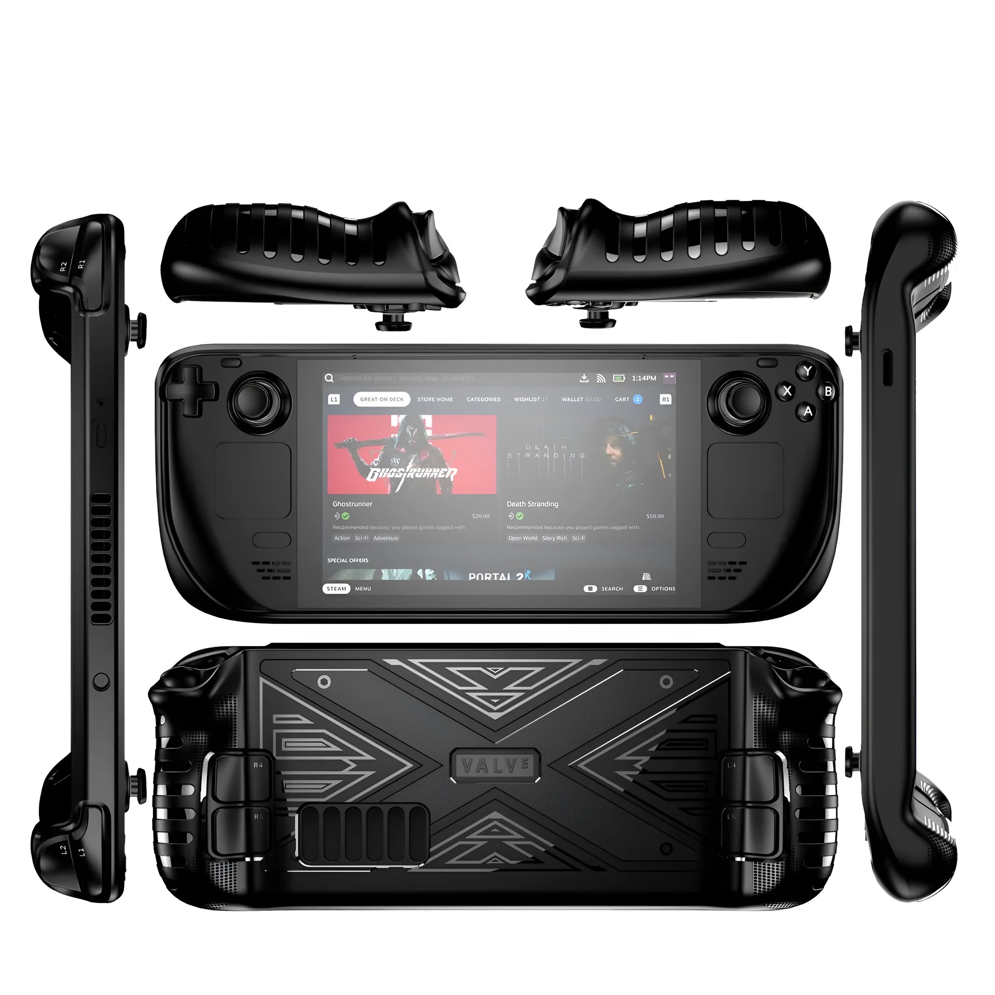 Steam Deck protective silicone soft shell case in TPU material showing black blue red colour options
