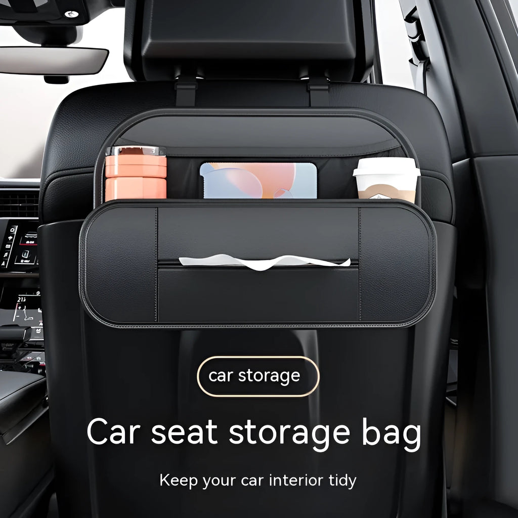 Black genuine leather car seat back storage bag with compartments