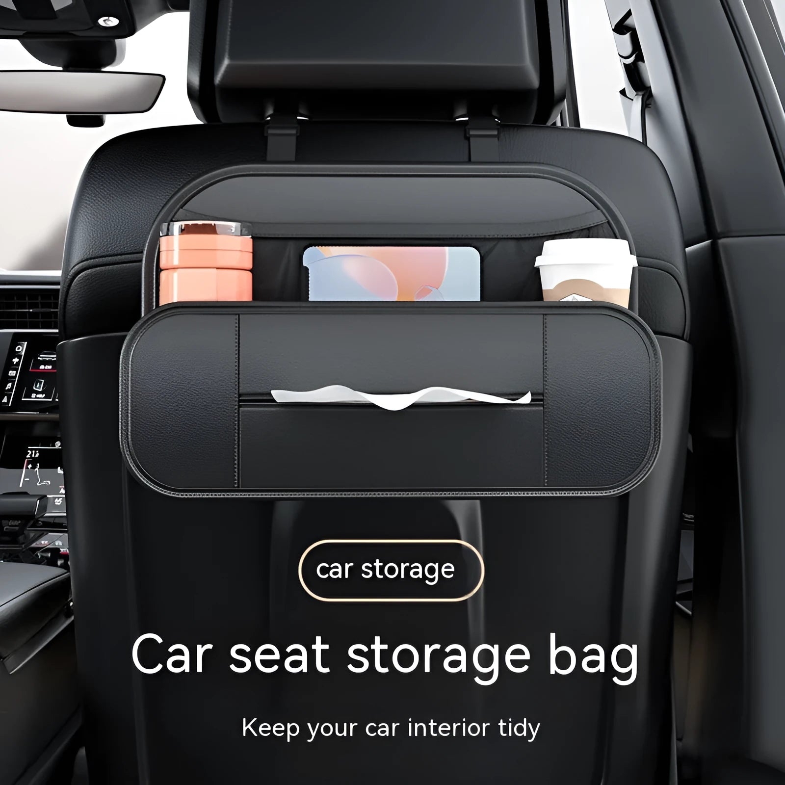 Black genuine leather car seat back storage bag with compartments