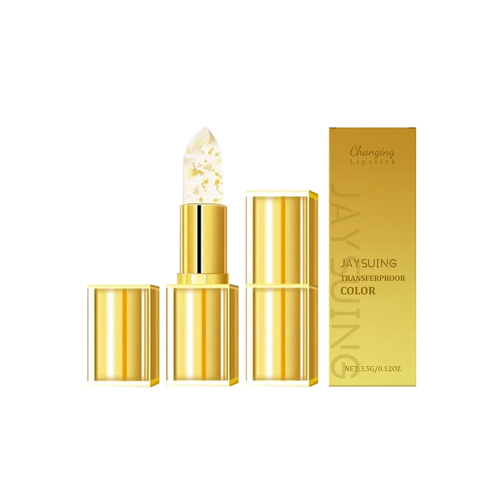 Gold foil lipstick tube with 3.5g nourishing formula containing hyaluronic acid and vitamin E