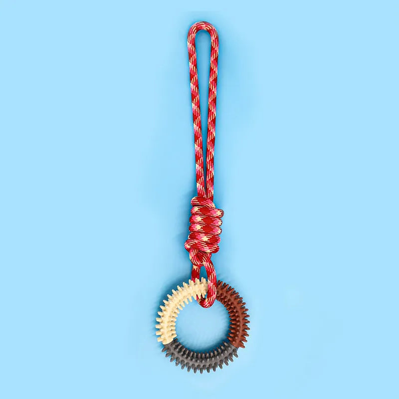 Bite resistant colourful braided rope dog toy with knots, measuring 43cm in length