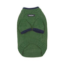 British style two-leg dog sweater in wool blend, shown in Crown Blue colour on a dog.