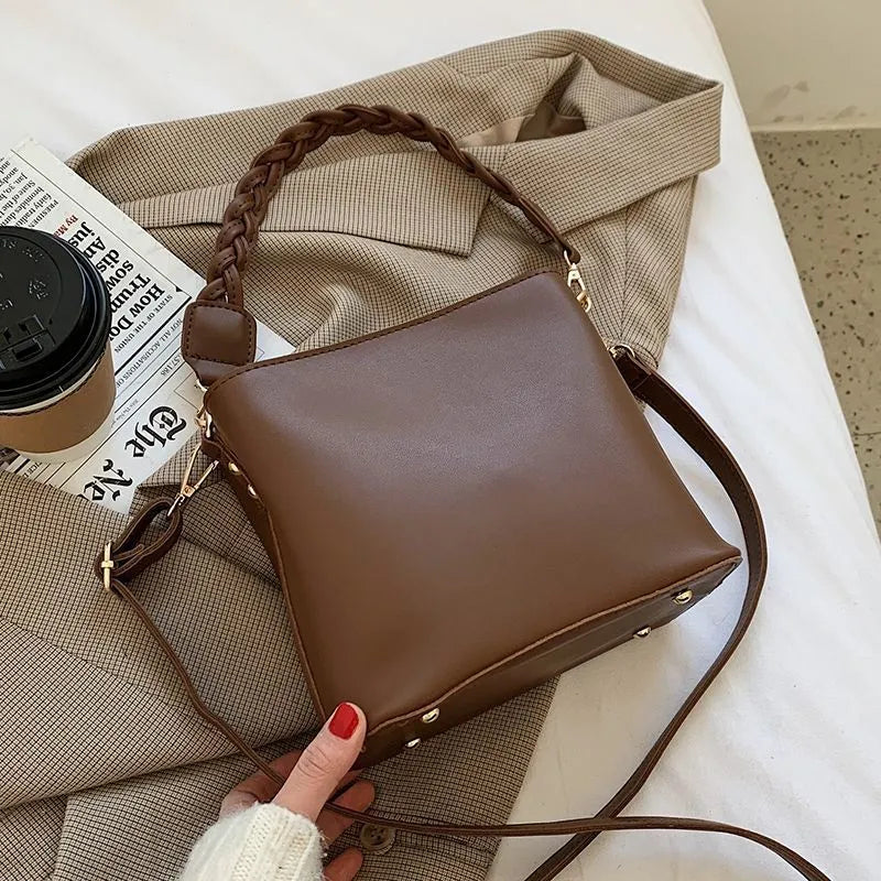 Retro brown PU weaving crossbody underarm bucket bag with one-shoulder strap