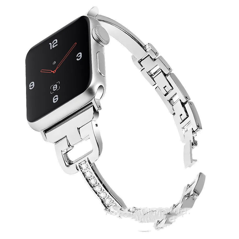 Apple Watch compatible smart watch with D-shaped metal diamond strap in multiple colour options