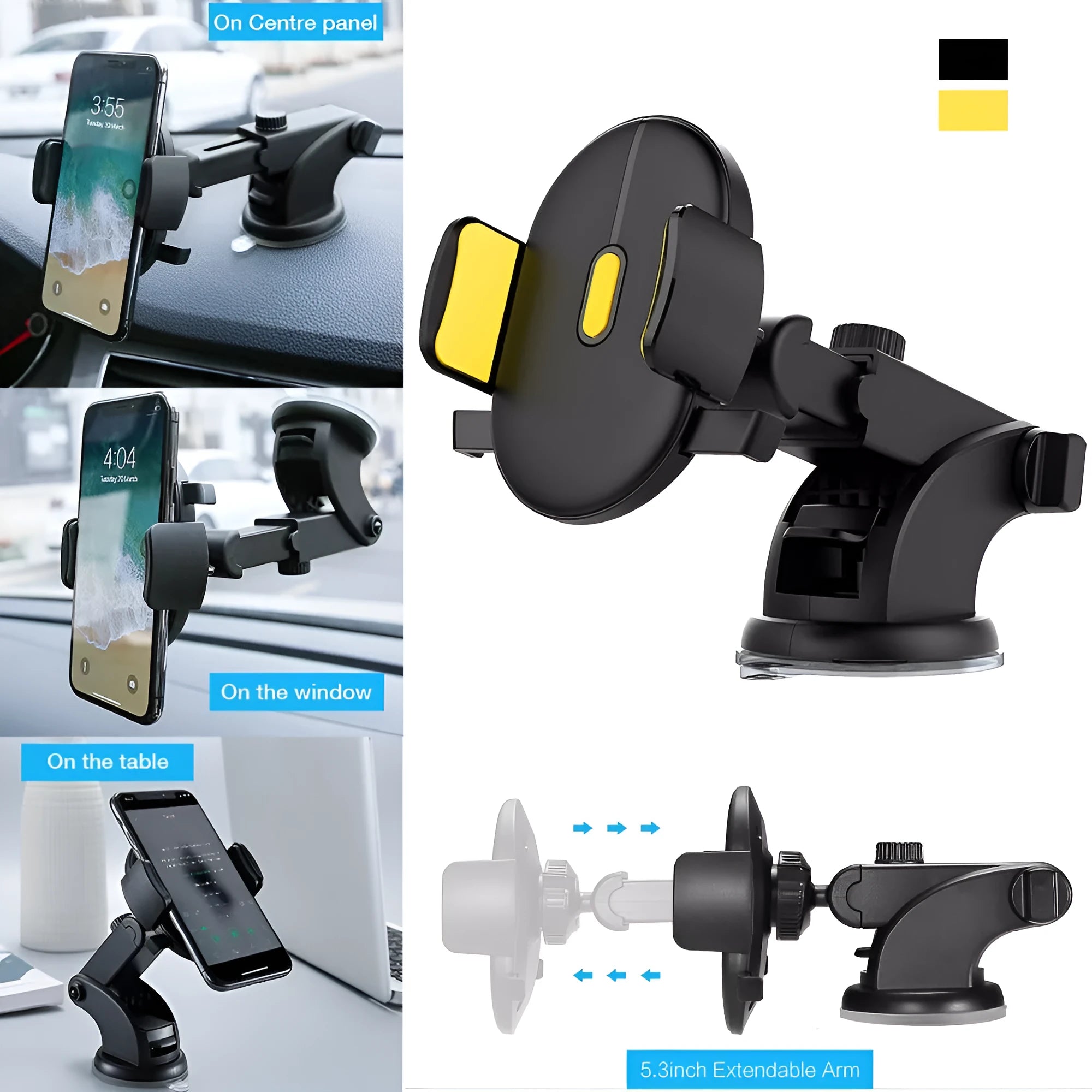 Yellow and black telescopic car phone holder with suction cup mounted on a car dashboard