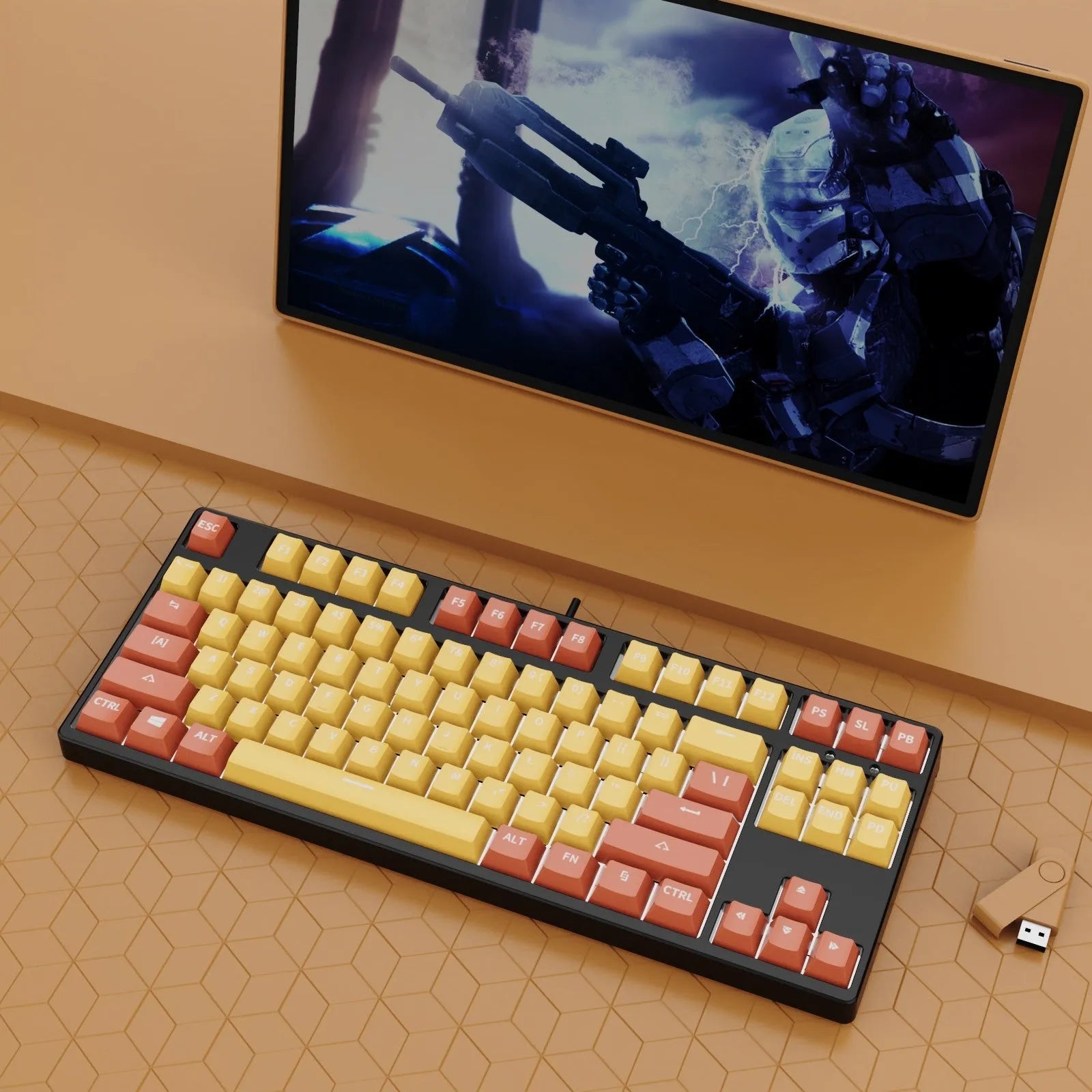 87-key wired mechanical gaming keyboard with multi-colour keycaps on a metal body.