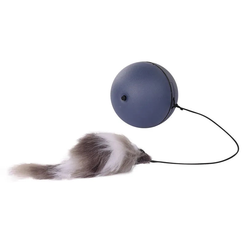 Blue and orange interactive plush mouse cat toy shown with a ball shape, measuring 8.5 cm.