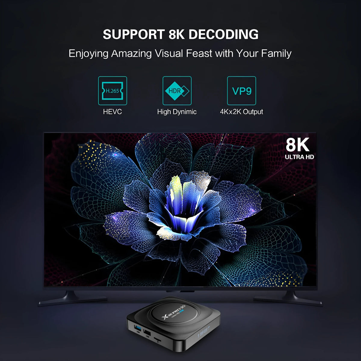 Android 11.0 dual-band WiFi television set-top box with HDMI port and compact 100mm square design