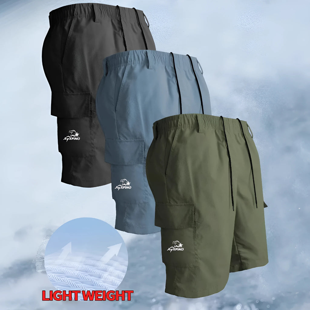 Men's black polyester straight-leg sports shorts with micro-elastic fabric on mannequin