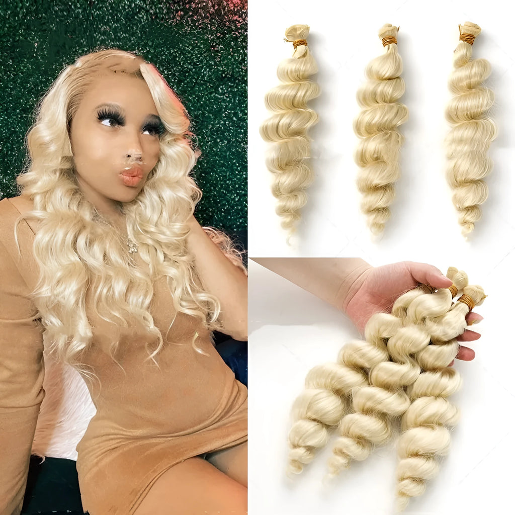 Golden women's synthetic wig with long hair weft, shown in 18, 20, and 22-inch length options.