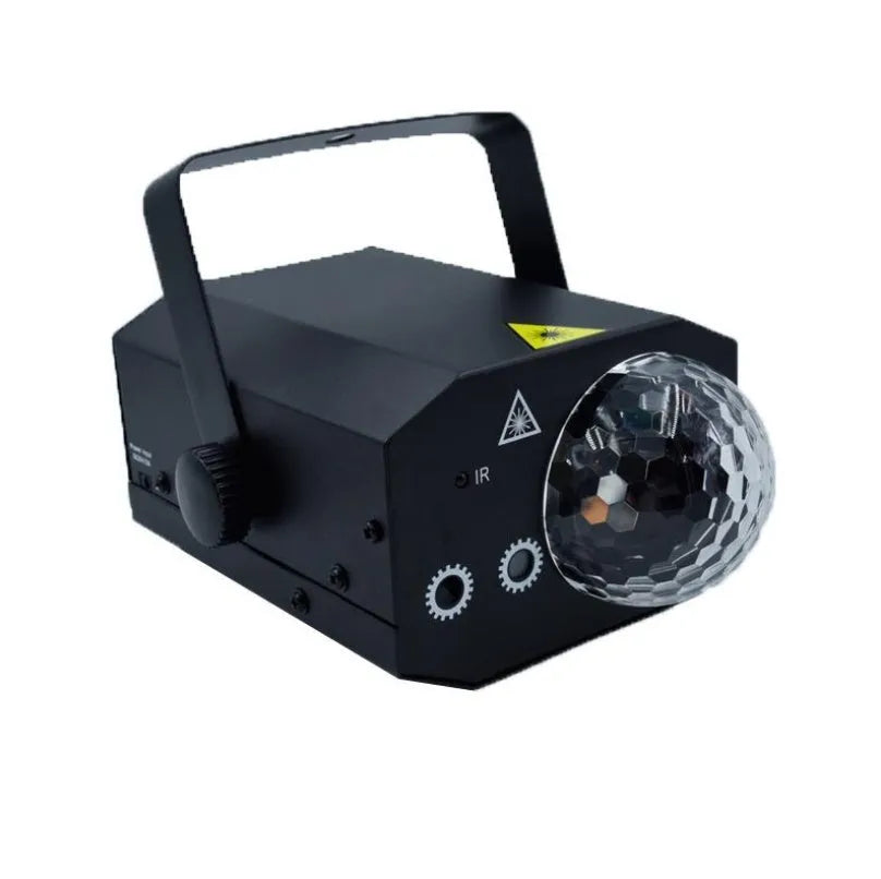 Black and white LED laser magic fan stage light with remote control on a stand.