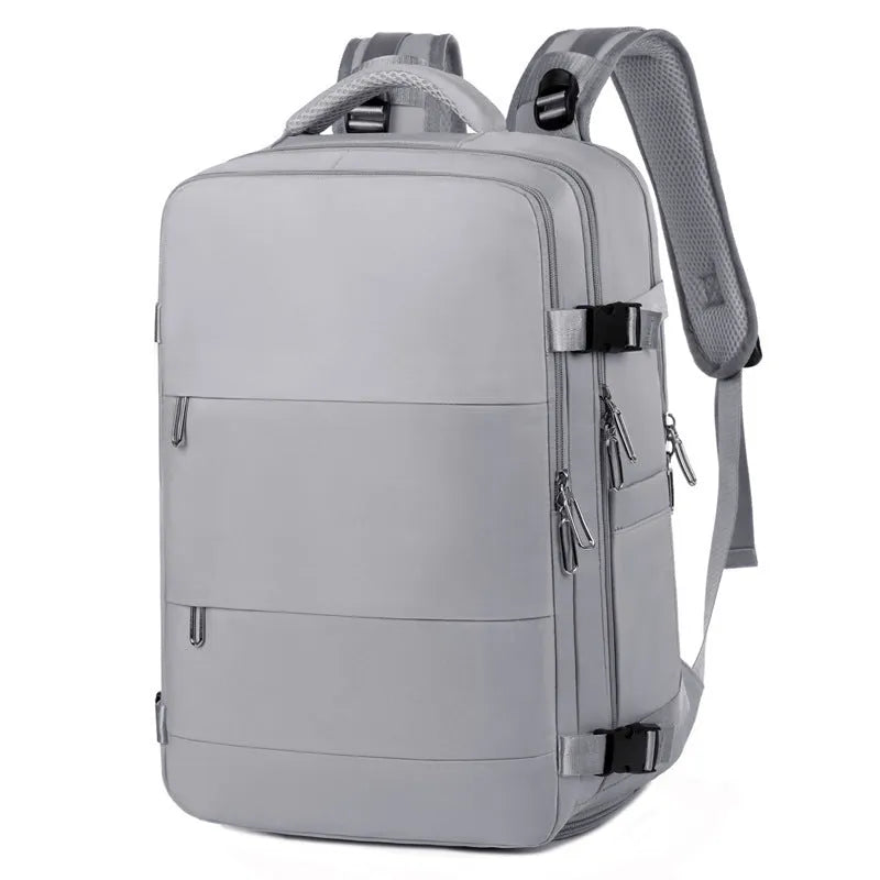 Large purple travel backpack with multiple compartments and air pillow belt system