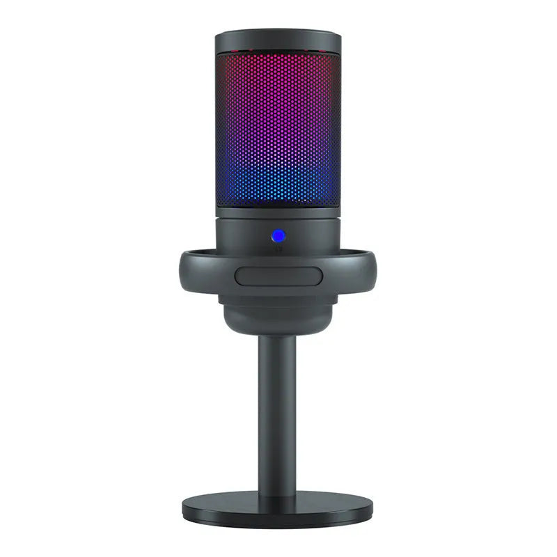 RGB USB condenser microphone with heart-shaped polar pattern and optional anti-spray mesh for streaming
