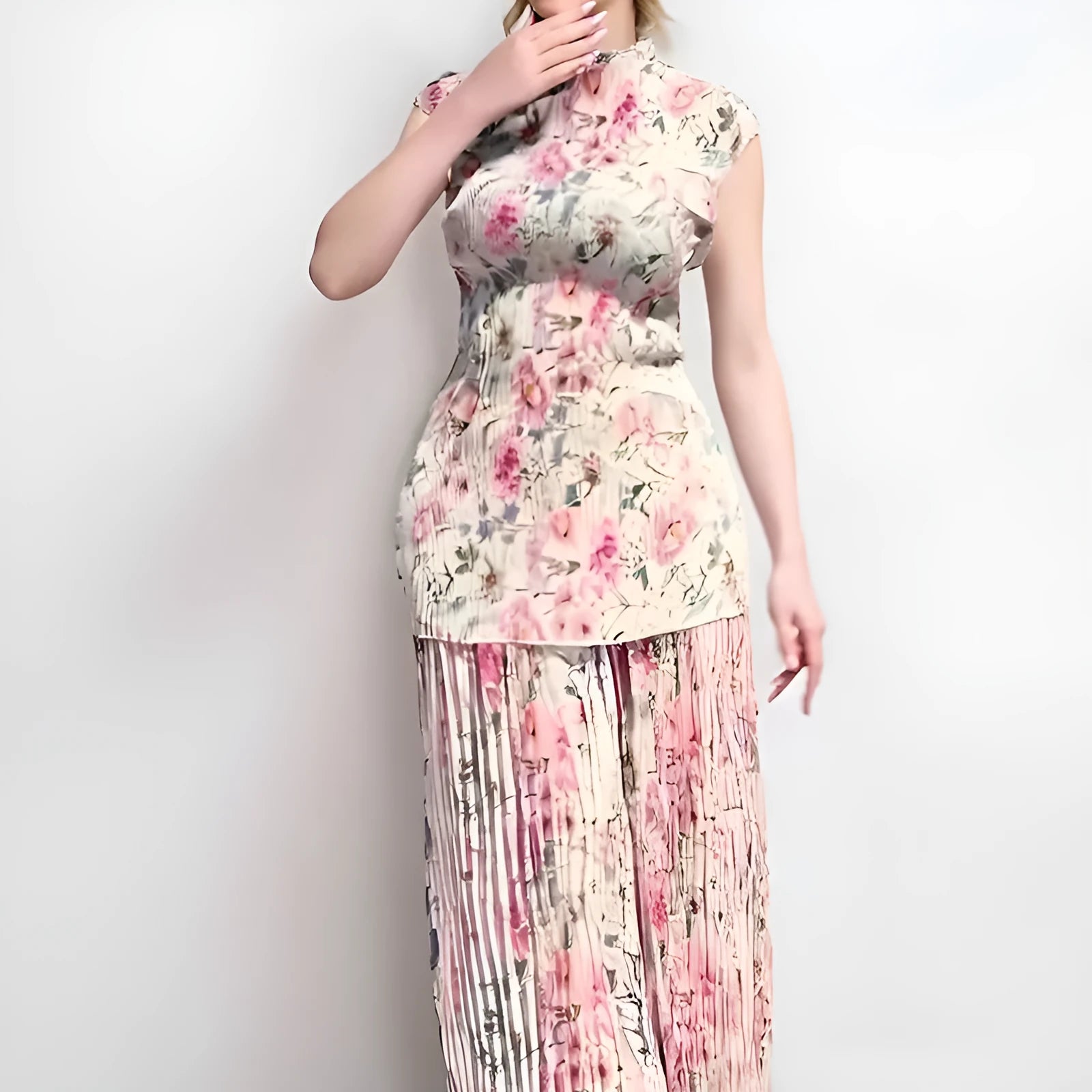 Women's printed chiffon dress with long sleeves and high waist styling
