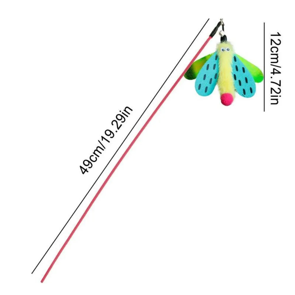 Blue cat wand toy with dragonfly attachment and bell on 49cm stick for interactive indoor play