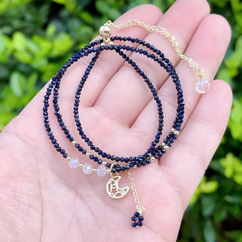 Women's blue sand stone three-ring bracelet with multi-layer design and gold colour details