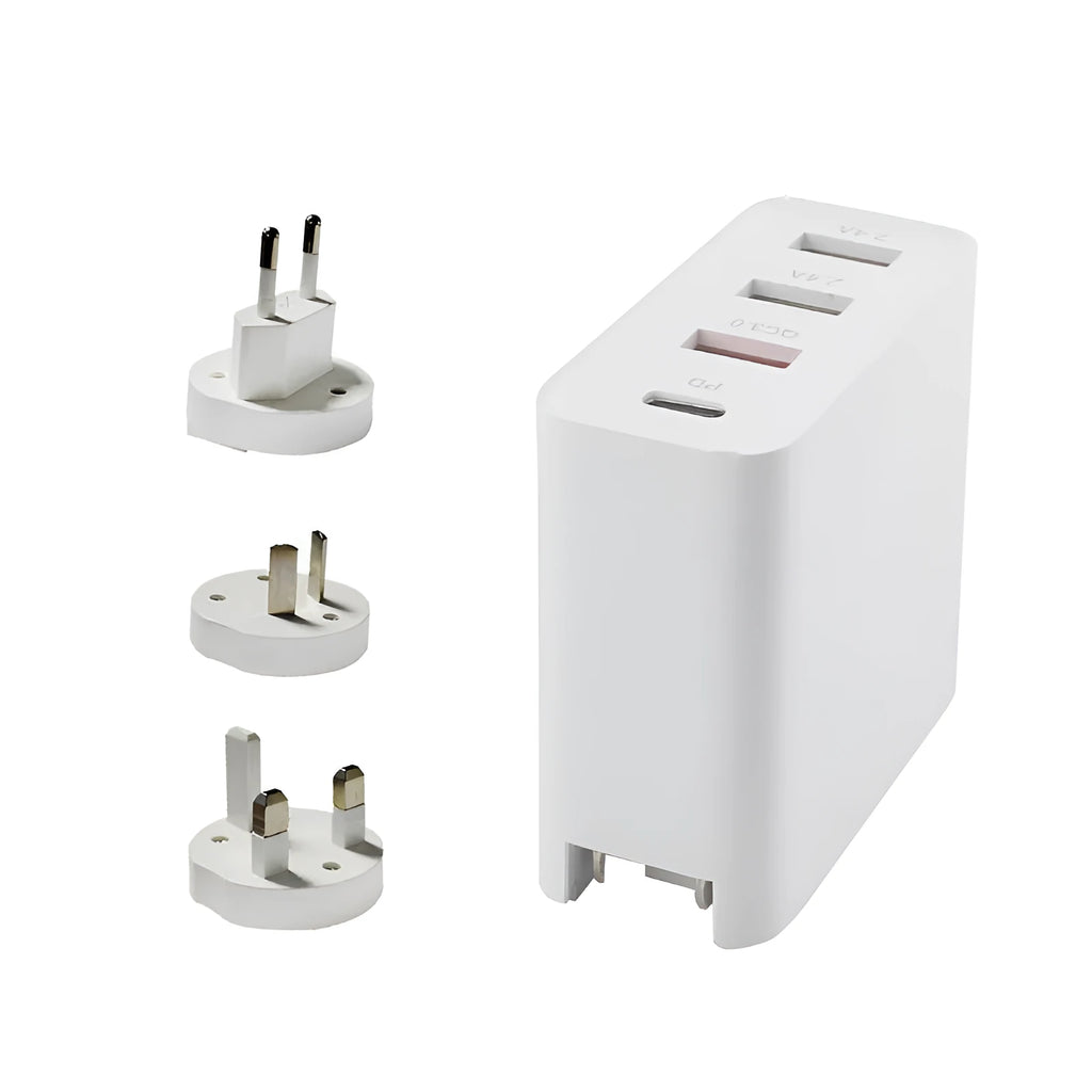 Black 48W four-port USB-C desktop charger with UK plug on a white background.