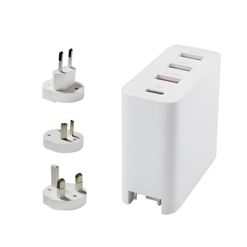 Black 48W four-port USB-C desktop charger with UK plug on a white background.