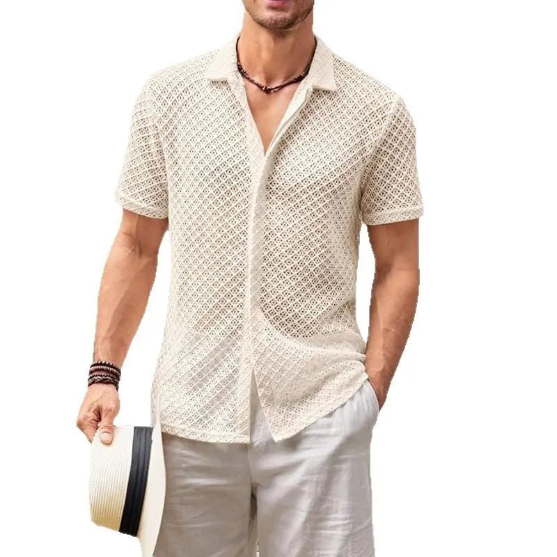 Men's cotton blend mesh short sleeve shirt with lapel collar in solid colour options