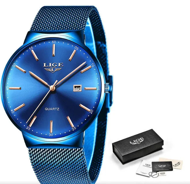 Men's stainless steel watch with 40mm dial, black blue colour, and metal case