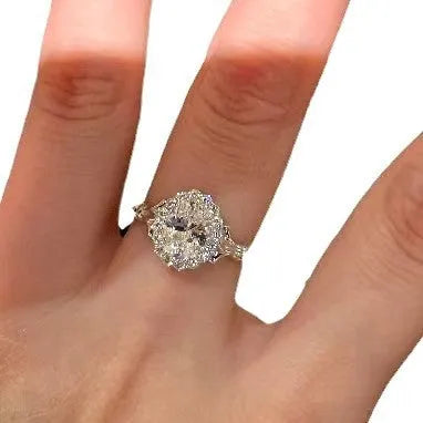 Silver geometric ellipse diamond ring with adjustable opening for women