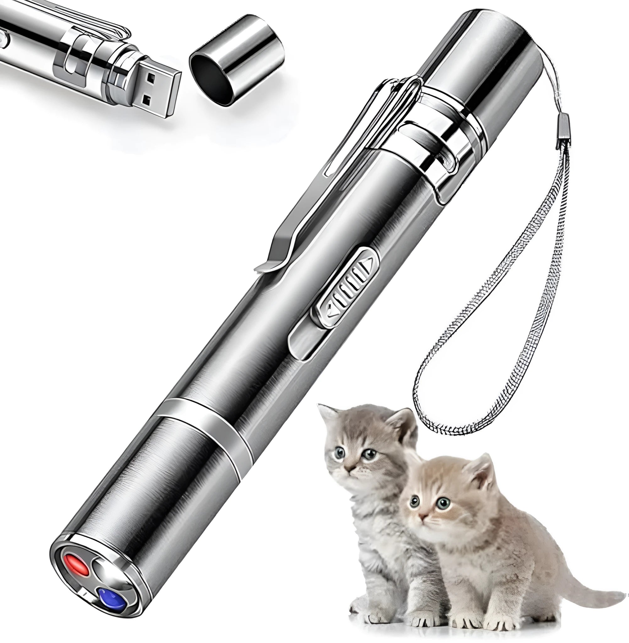 Silver aluminium cat toy pointer with laser patterns for indoor pet play