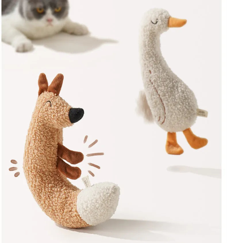 Cartoon dog chew toy in fox or duckling design with teddy velvet fabric and squeaker